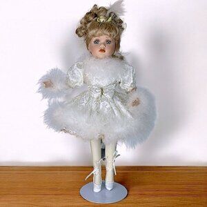 Vintage Ballerina Porcelain Doll with White Gold Feathered Dress with Stand 16”